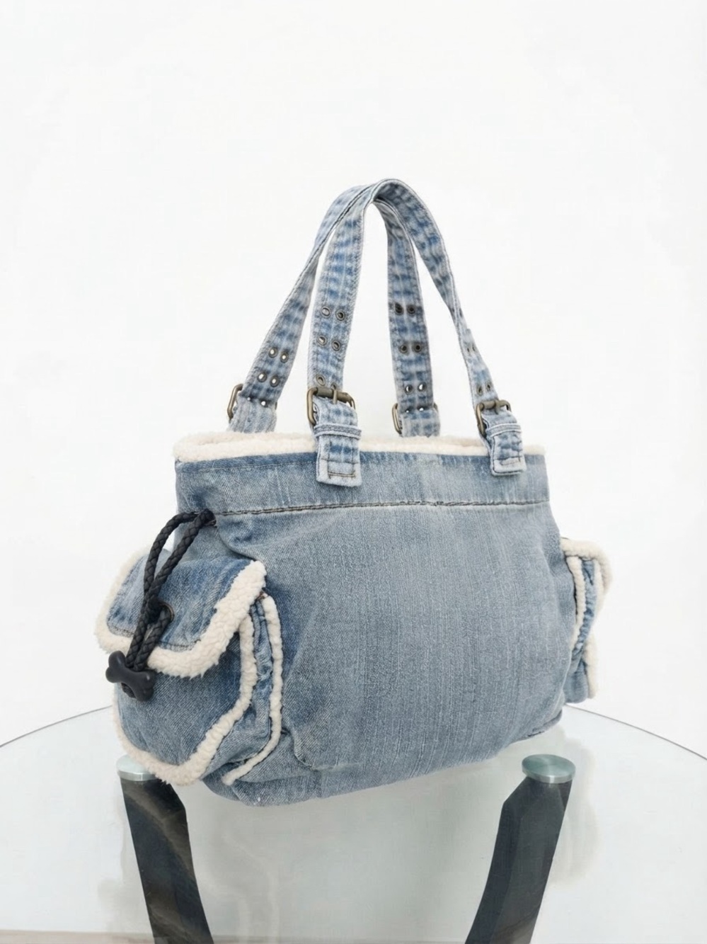 Denim Sherpa Trim satchel Bag - Light Blue